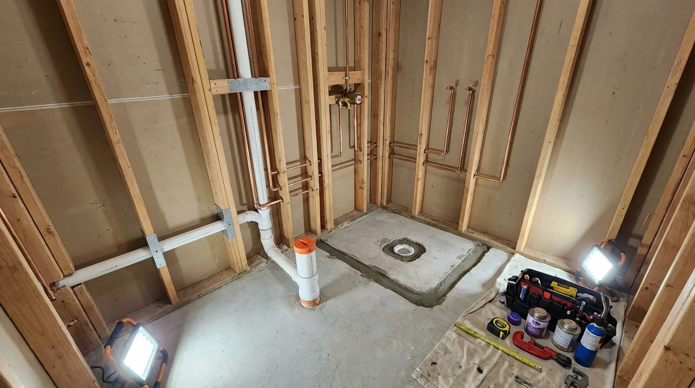 Bathroom rough-in plumbing during remodel by Johns Plumbing LLC in Piscataway