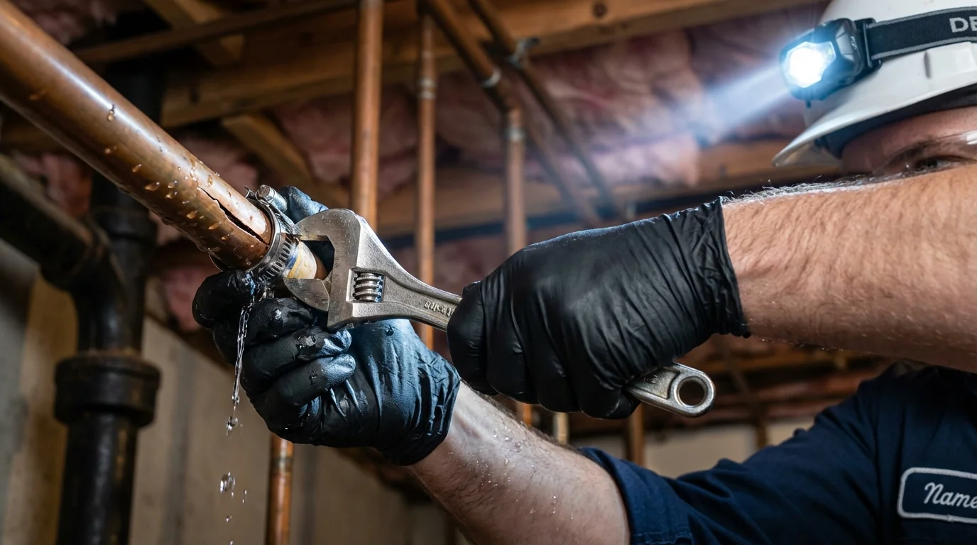 Emergency pipe clamp repair being performed by a Johns Plumbing LLC plumber in Piscataway