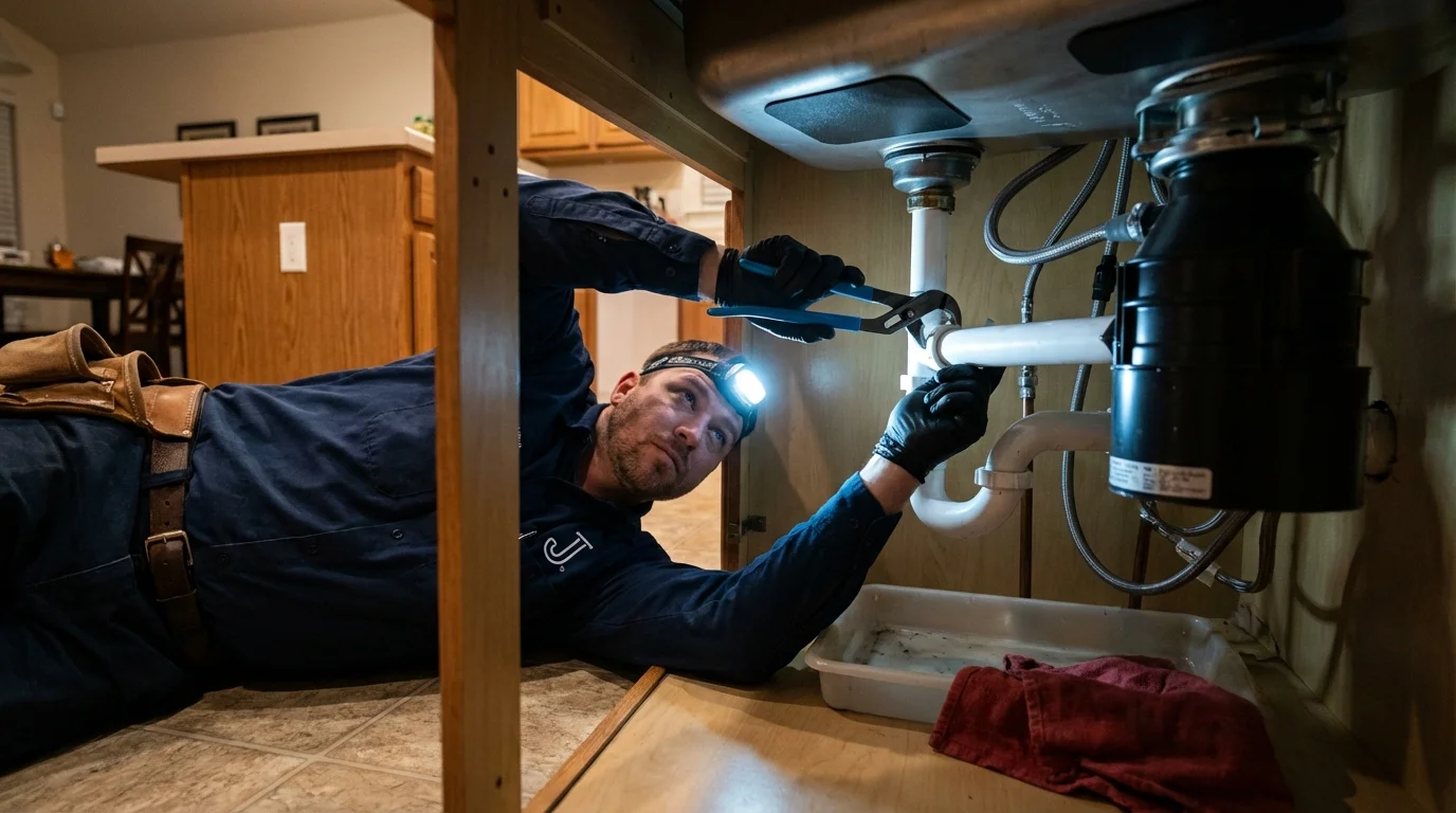 P-trap and supply line connections under a kitchen sink showing a common leak point in Piscataway, NJ